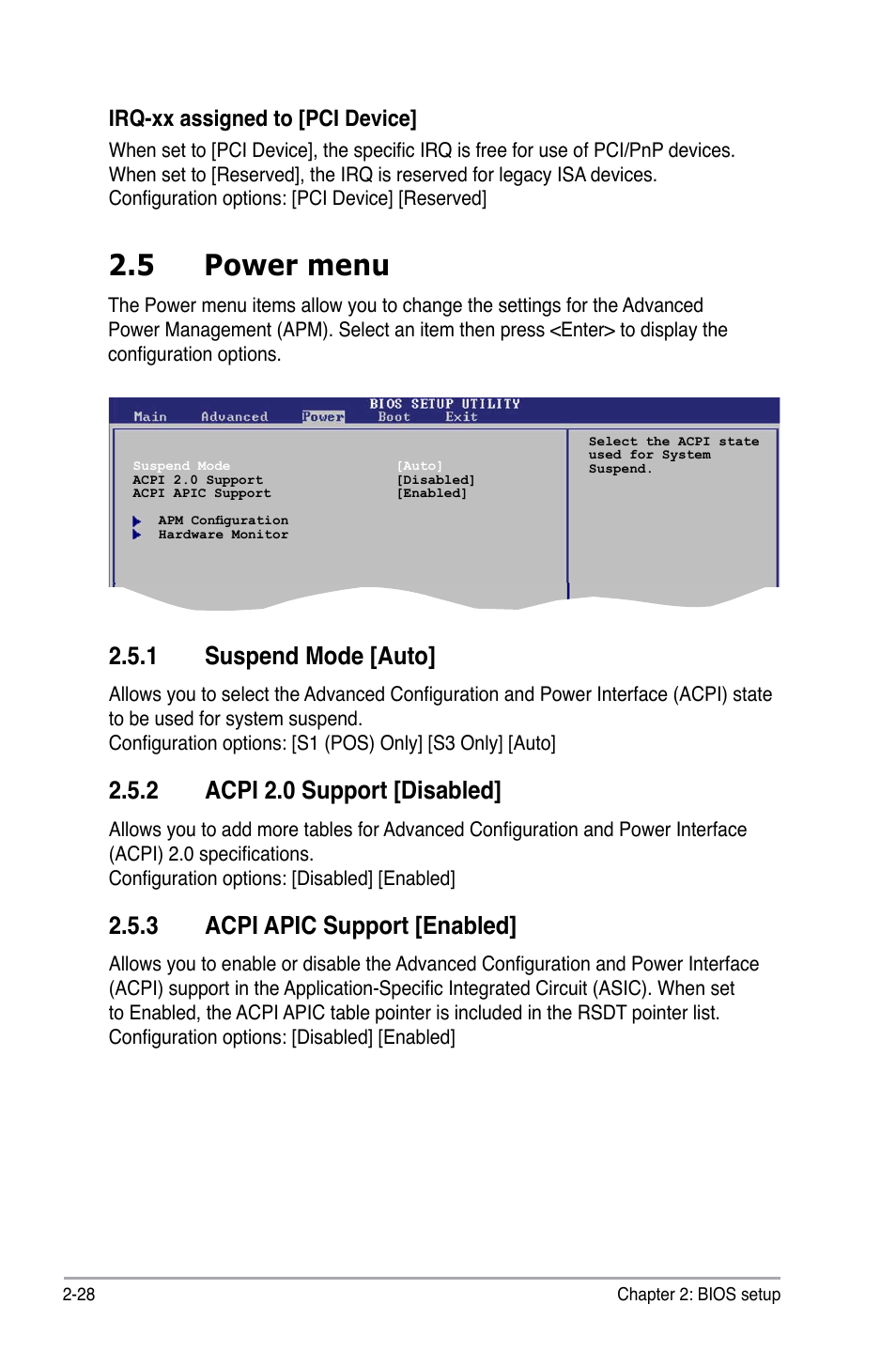 5 power menu, 1 suspend mode [auto, 2 acpi 2.0 support [disabled | 3 acpi apic support [enabled, Irq-xx assigned to [pci device | Asus P5KPL-CM User Manual | Page 74 / 88