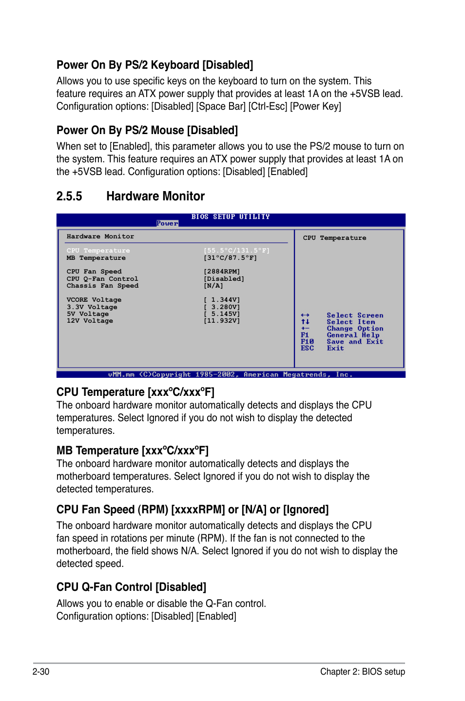 5 hardware monitor, Power on by ps/2 keyboard [disabled, Power on by ps/2 mouse [disabled | Cpu temperature [xxxºc/xxxºf, Mb temperature [xxxºc/xxxºf, Cpu q-fan control [disabled | Asus P5KPL-CM User Manual | Page 76 / 88