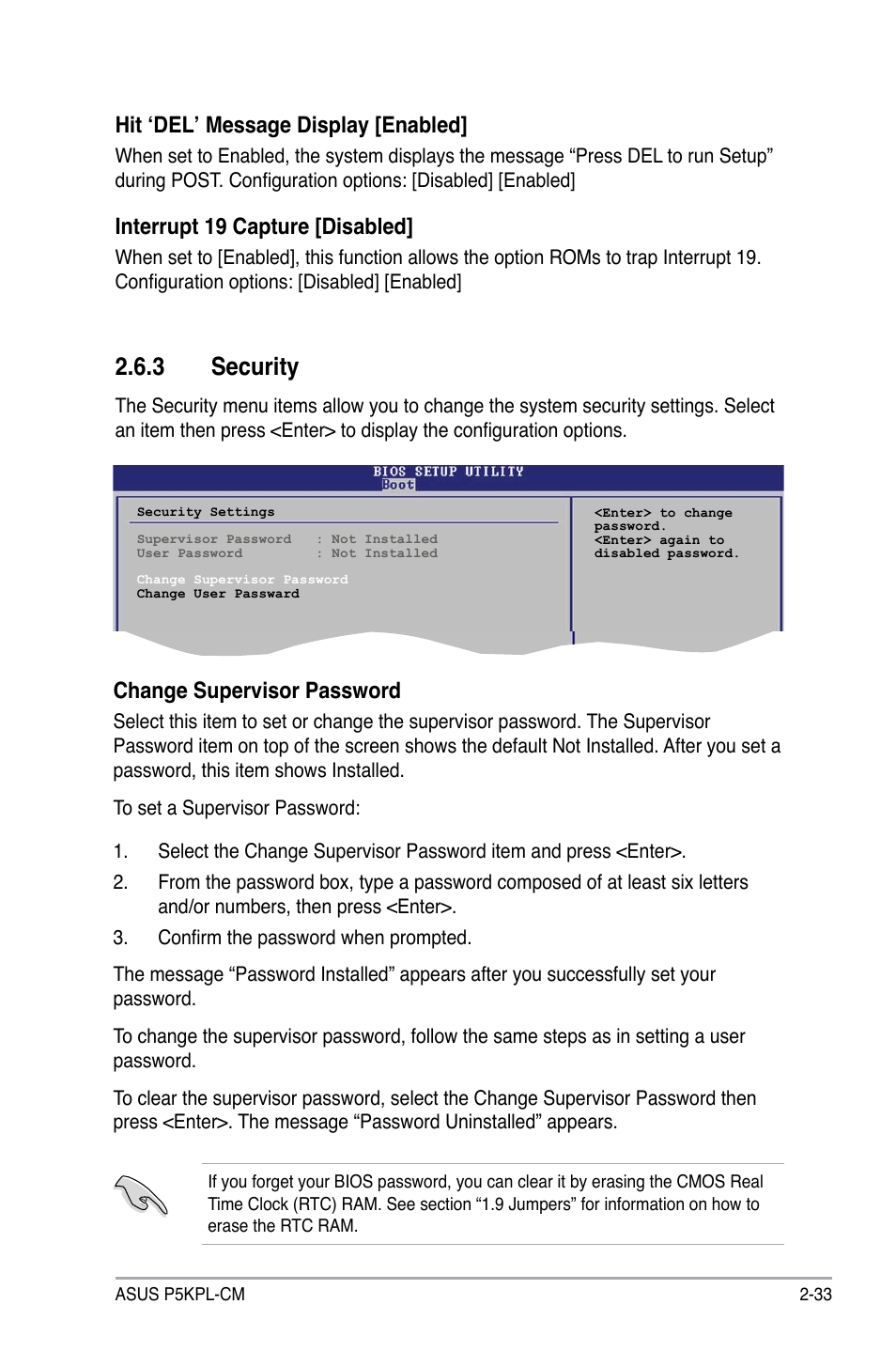 3 security, Hit ‘del’ message display [enabled, Interrupt 19 capture [disabled | Change supervisor password | Asus P5KPL-CM User Manual | Page 79 / 88