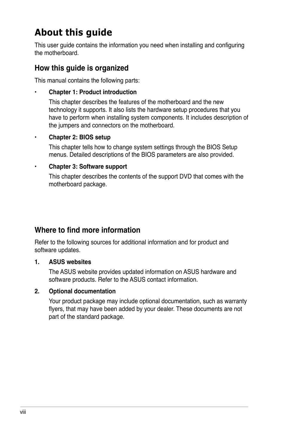 About this guide, How this guide is organized, Where to find more information | Asus P5KPL-CM User Manual | Page 8 / 88