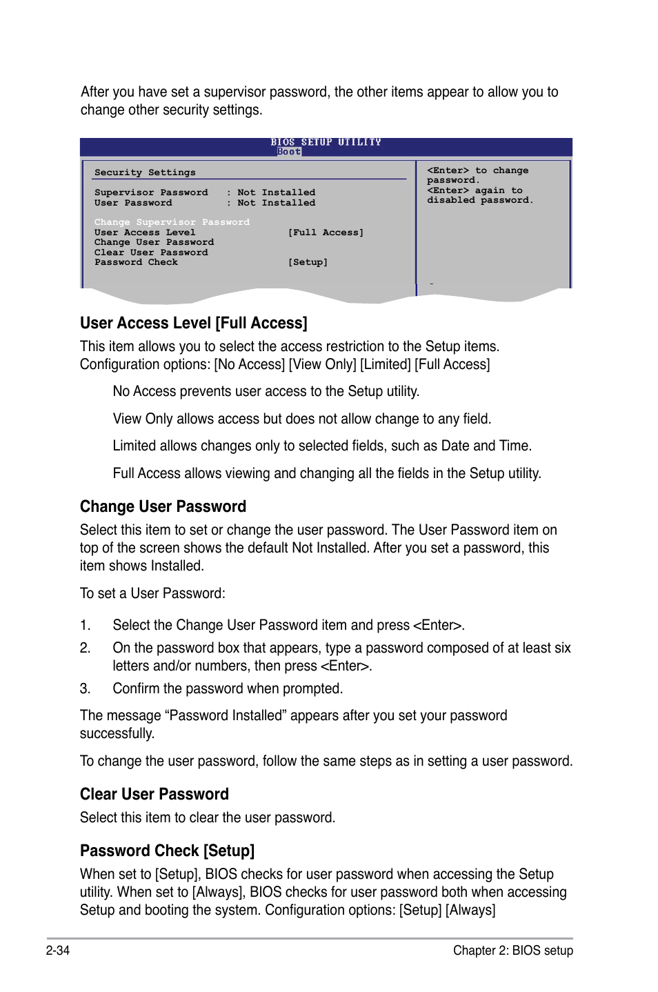 User access level [full access, Change user password, Clear user password | Password check [setup | Asus P5KPL-CM User Manual | Page 80 / 88