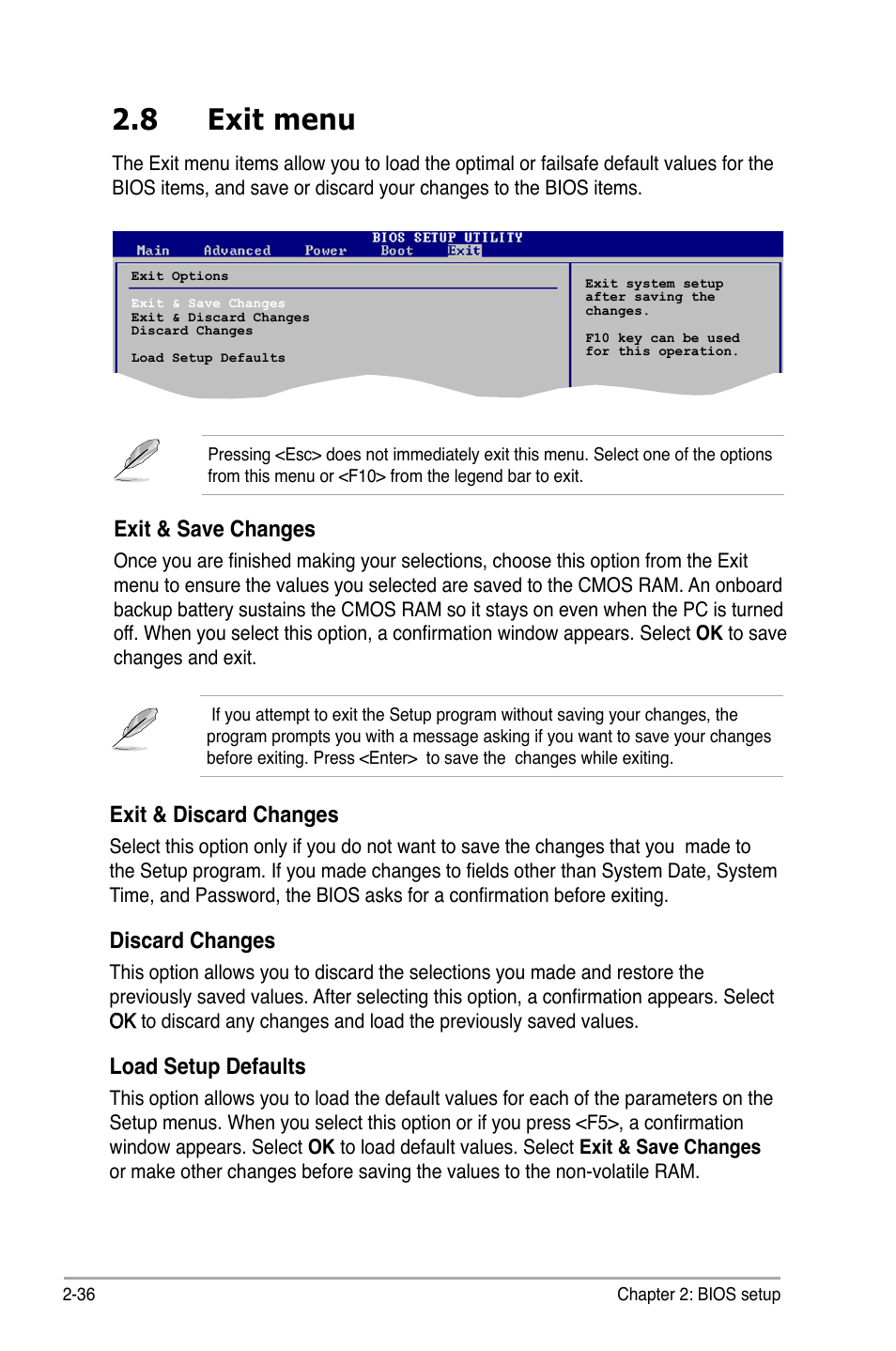 8 exit menu, Exit & discard changes, Discard changes | Load setup defaults, Exit & save changes | Asus P5KPL-CM User Manual | Page 82 / 88