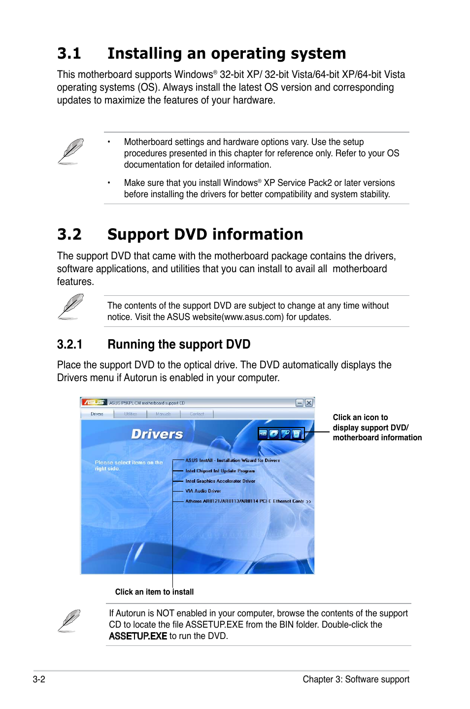 1 installing an operating system, 2 support dvd information, 1 running the support dvd | Asus P5KPL-CM User Manual | Page 84 / 88