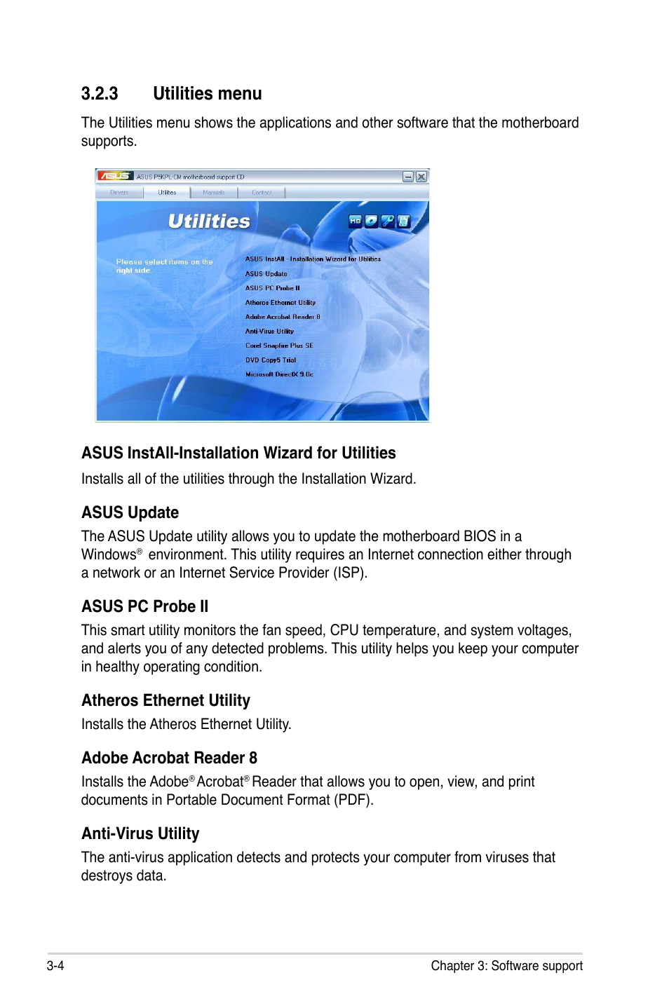 3 utilities menu | Asus P5KPL-CM User Manual | Page 86 / 88