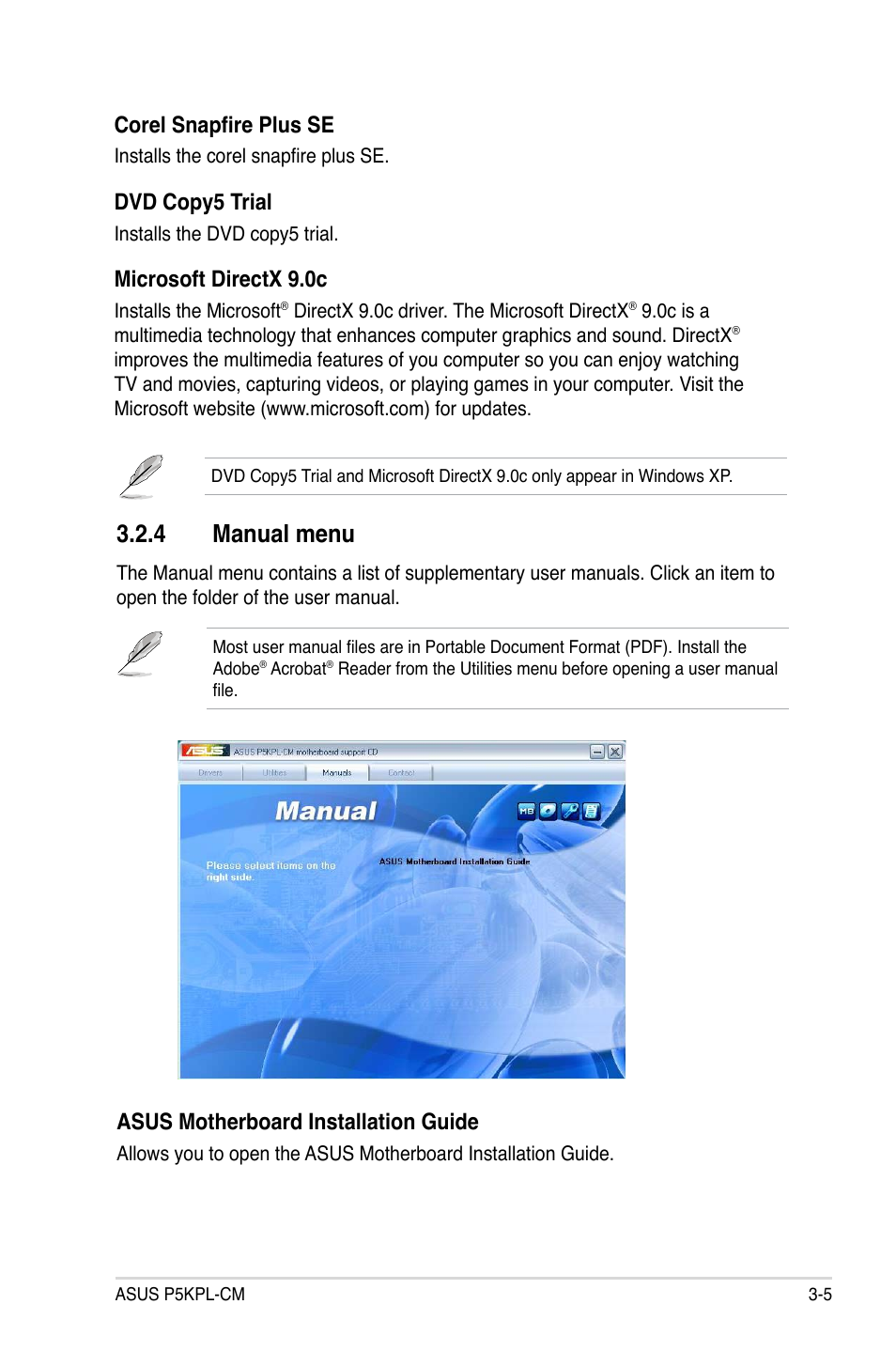 4 manual menu, Corel snapfire plus se, Dvd copy5 trial | Microsoft directx 9.0c, Asus motherboard installation guide | Asus P5KPL-CM User Manual | Page 87 / 88