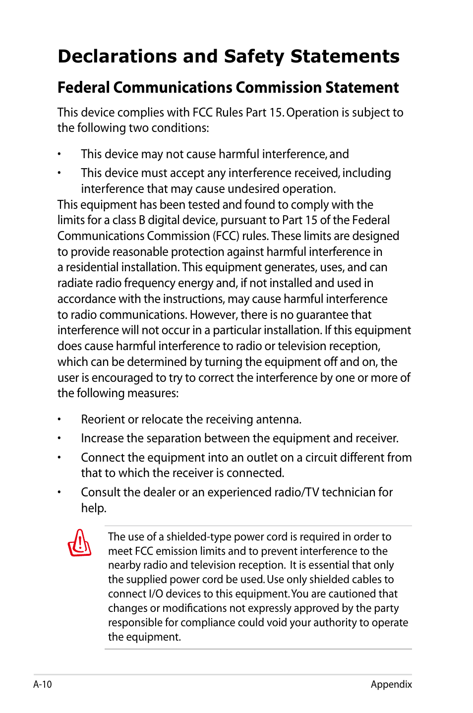 Declarations and safety statements, Federal communications commission statement | Asus Eee PC 900/Linux User Manual | Page 106 / 130