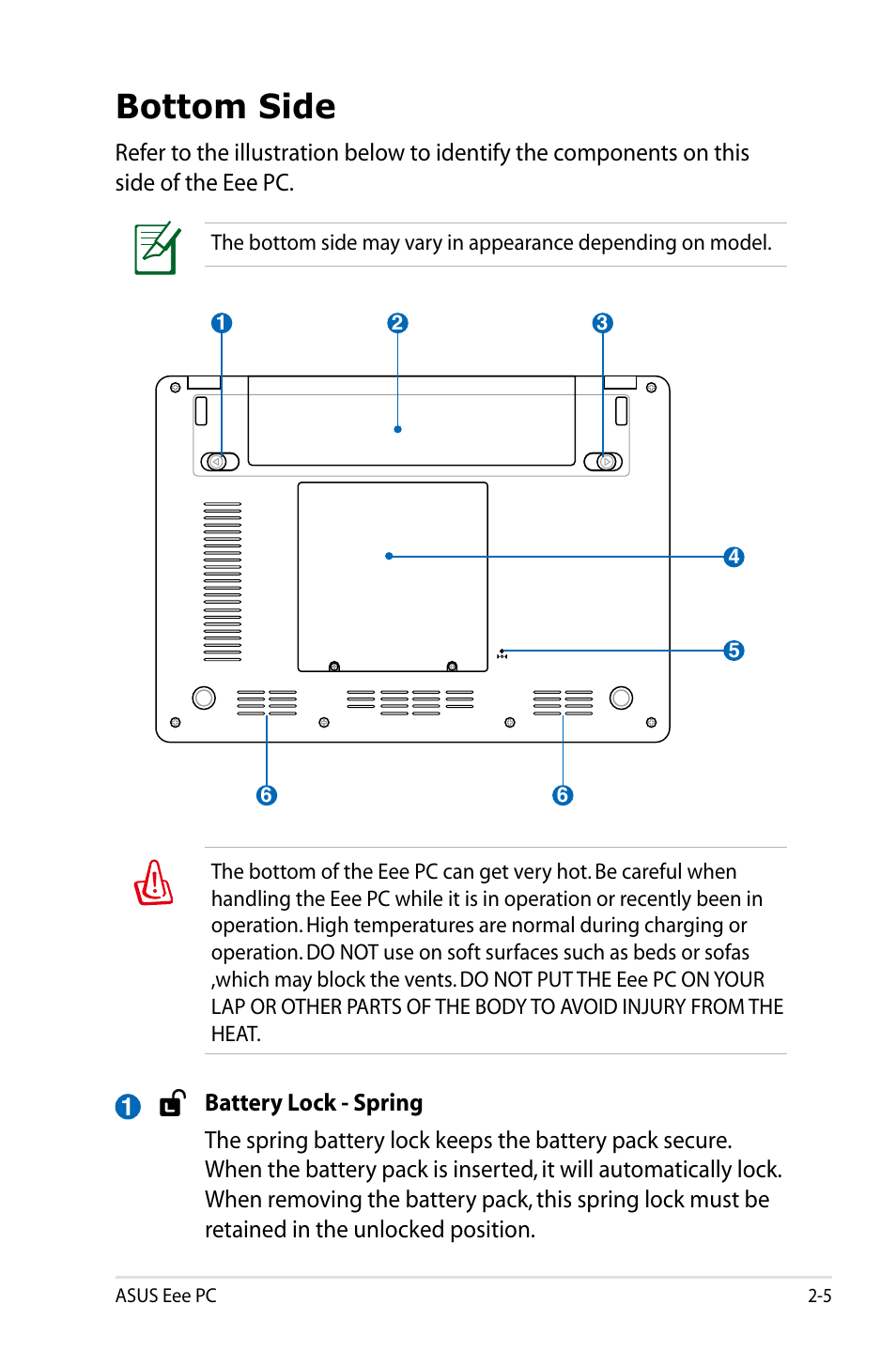 Bottom side | Asus Eee PC 900/Linux User Manual | Page 17 / 130