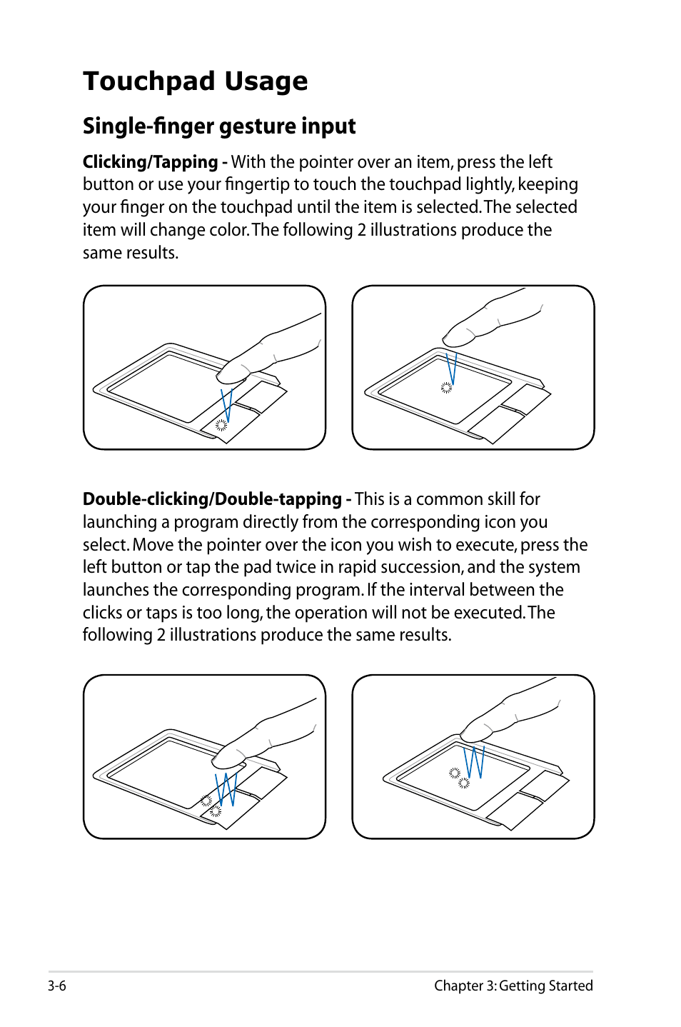 Touchpad usage, Single-finger gesture input | Asus Eee PC 900/Linux User Manual | Page 28 / 130