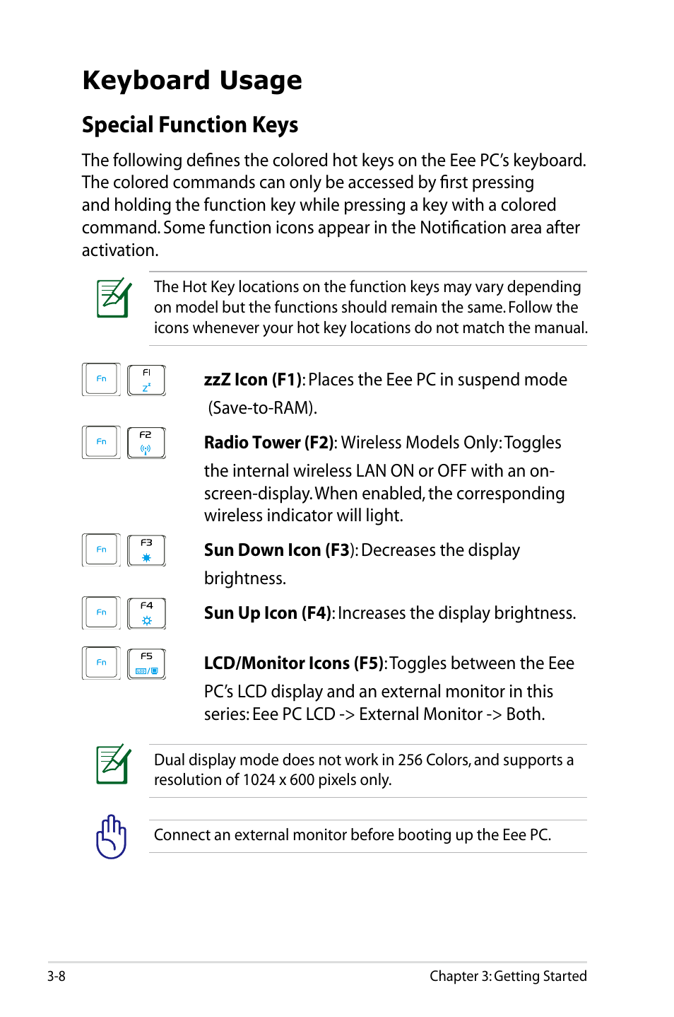 Keyboard usage, Special function keys | Asus Eee PC 900/Linux User Manual | Page 30 / 130