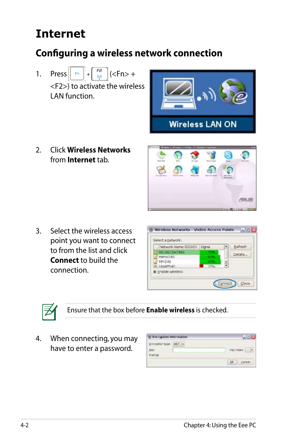 Internet, Configuring a wireless network connection | Asus Eee PC 900/Linux User Manual | Page 38 / 130