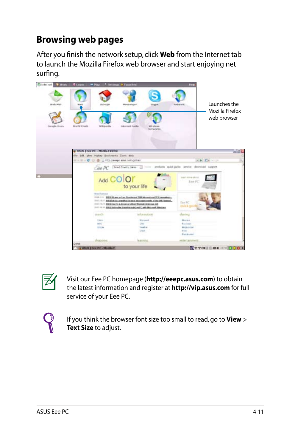 Browsing web pages | Asus Eee PC 900/Linux User Manual | Page 47 / 130