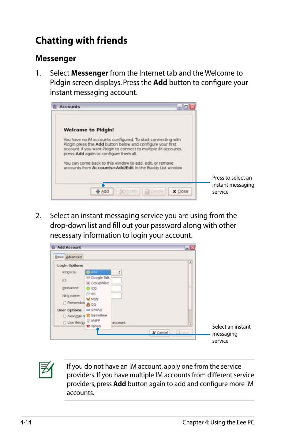 Chatting with friends, Messenger | Asus Eee PC 900/Linux User Manual | Page 50 / 130