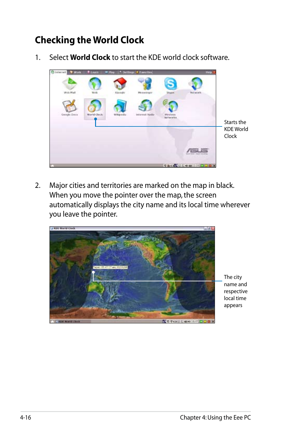 Checking the world clock | Asus Eee PC 900/Linux User Manual | Page 52 / 130
