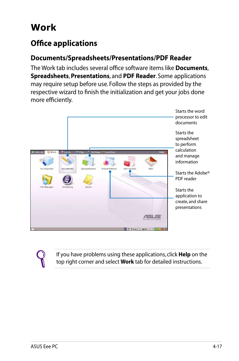 Work, Office applications, Documents/spreadsheets/presentations/pdf reader | Asus Eee PC 900/Linux User Manual | Page 53 / 130