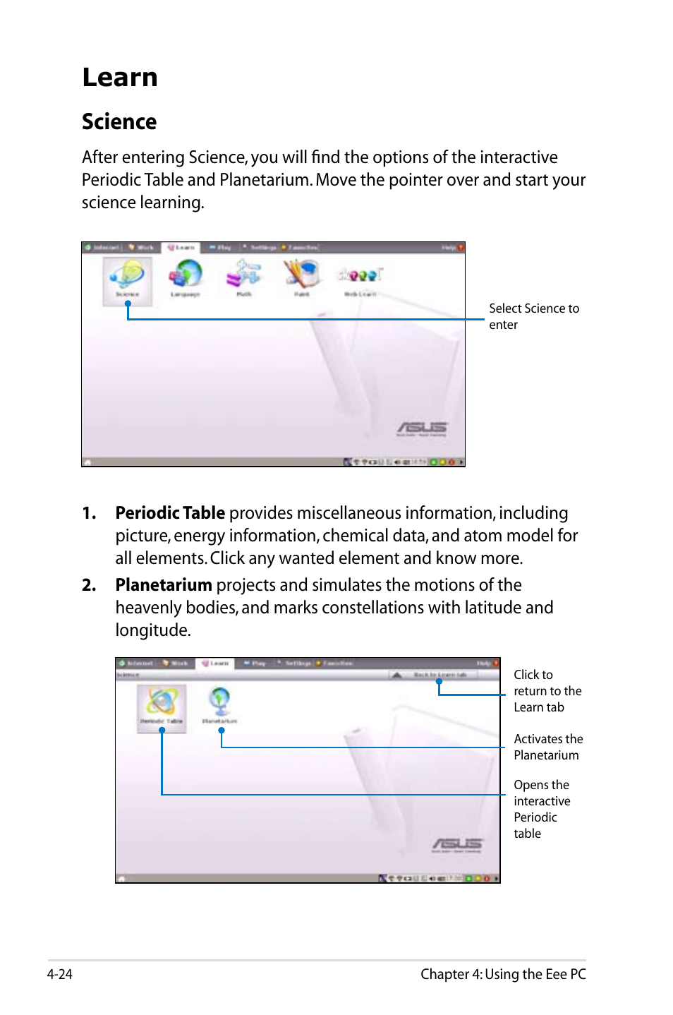 Learn, Science | Asus Eee PC 900/Linux User Manual | Page 60 / 130