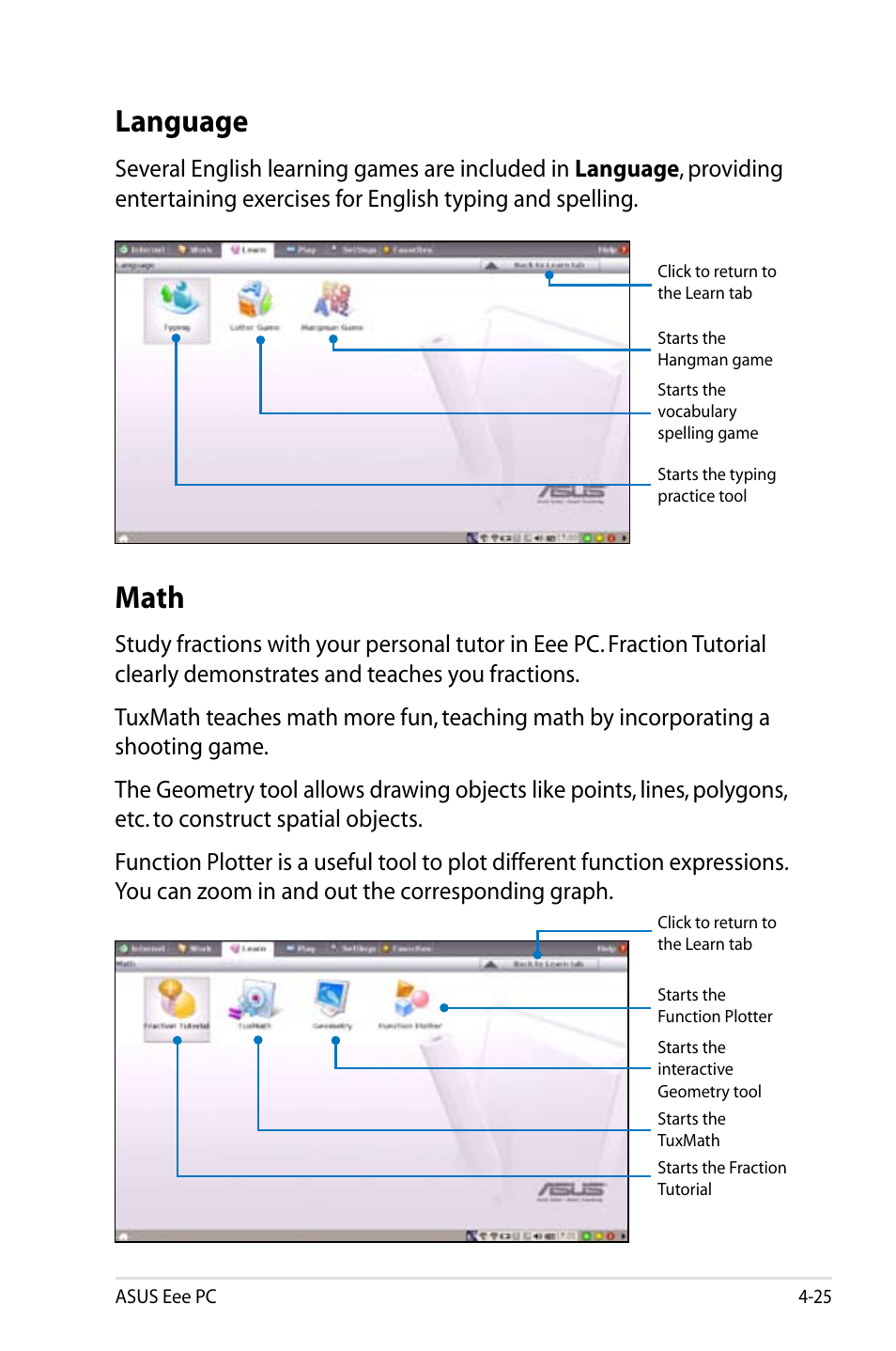 Language, Math | Asus Eee PC 900/Linux User Manual | Page 61 / 130