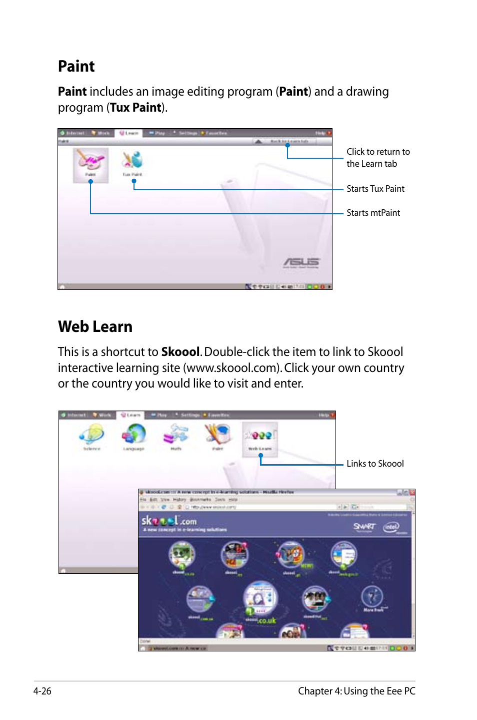 Paint, Web learn | Asus Eee PC 900/Linux User Manual | Page 62 / 130