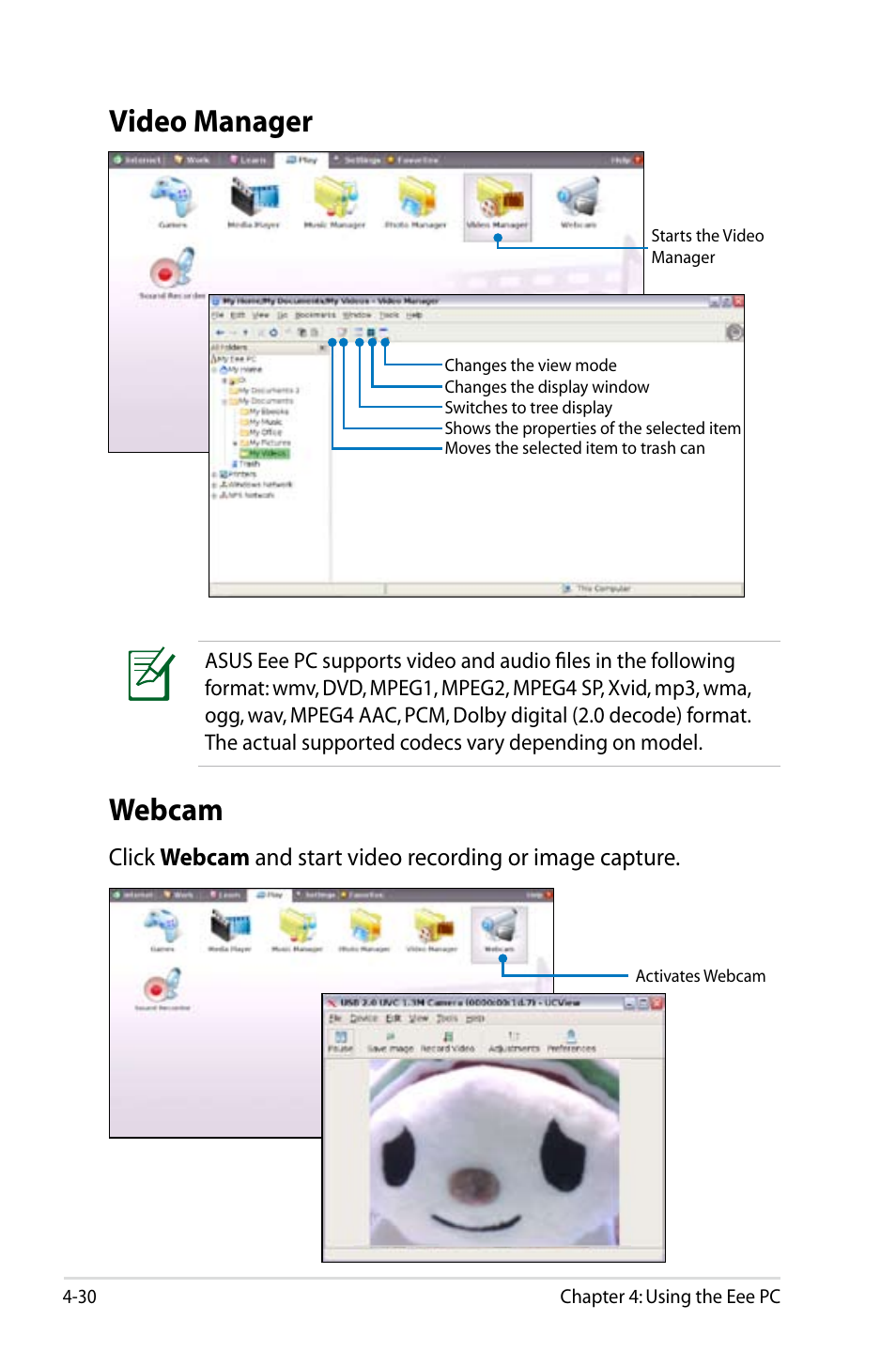 Webcam, Video manager | Asus Eee PC 900/Linux User Manual | Page 66 / 130