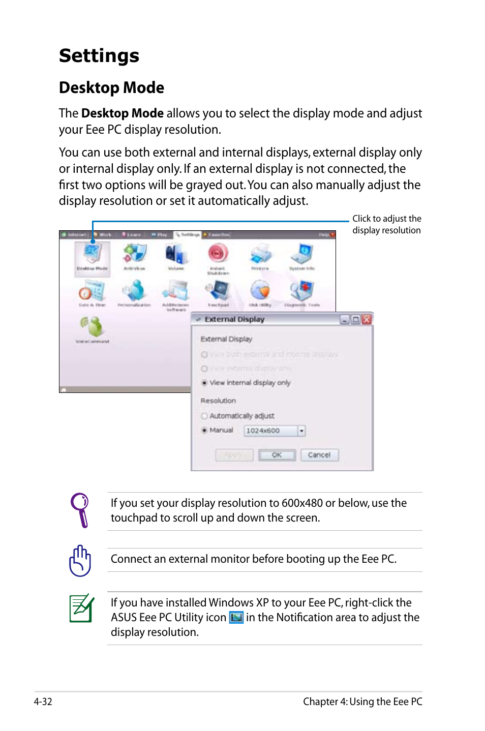 Settings, Desktop mode | Asus Eee PC 900/Linux User Manual | Page 68 / 130