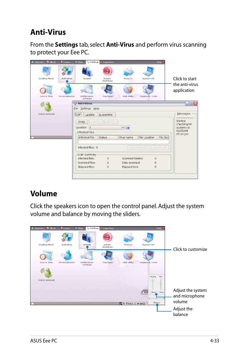 Anti-virus, Volume | Asus Eee PC 900/Linux User Manual | Page 69 / 130