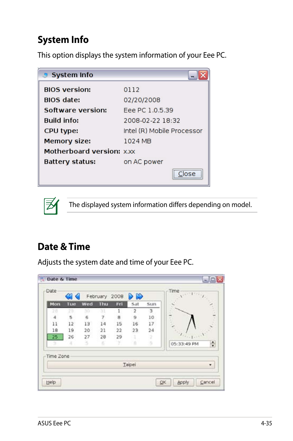 System info, Date & time | Asus Eee PC 900/Linux User Manual | Page 71 / 130