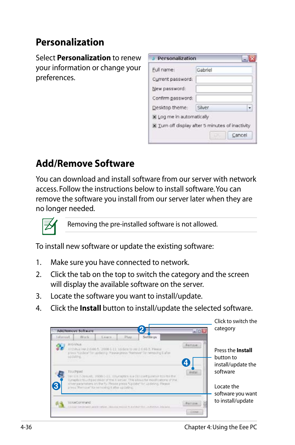 Personalization, Add/remove software | Asus Eee PC 900/Linux User Manual | Page 72 / 130