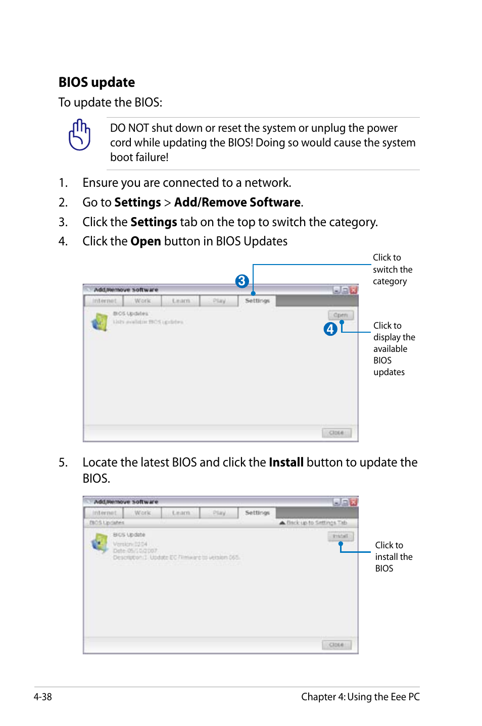 Bios update | Asus Eee PC 900/Linux User Manual | Page 74 / 130