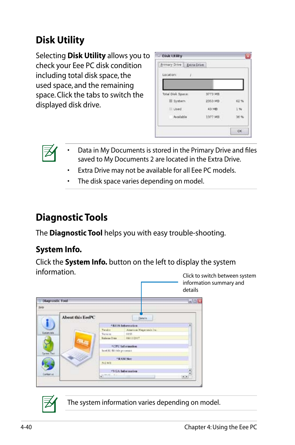 Diagnostic tools, Disk utility | Asus Eee PC 900/Linux User Manual | Page 76 / 130
