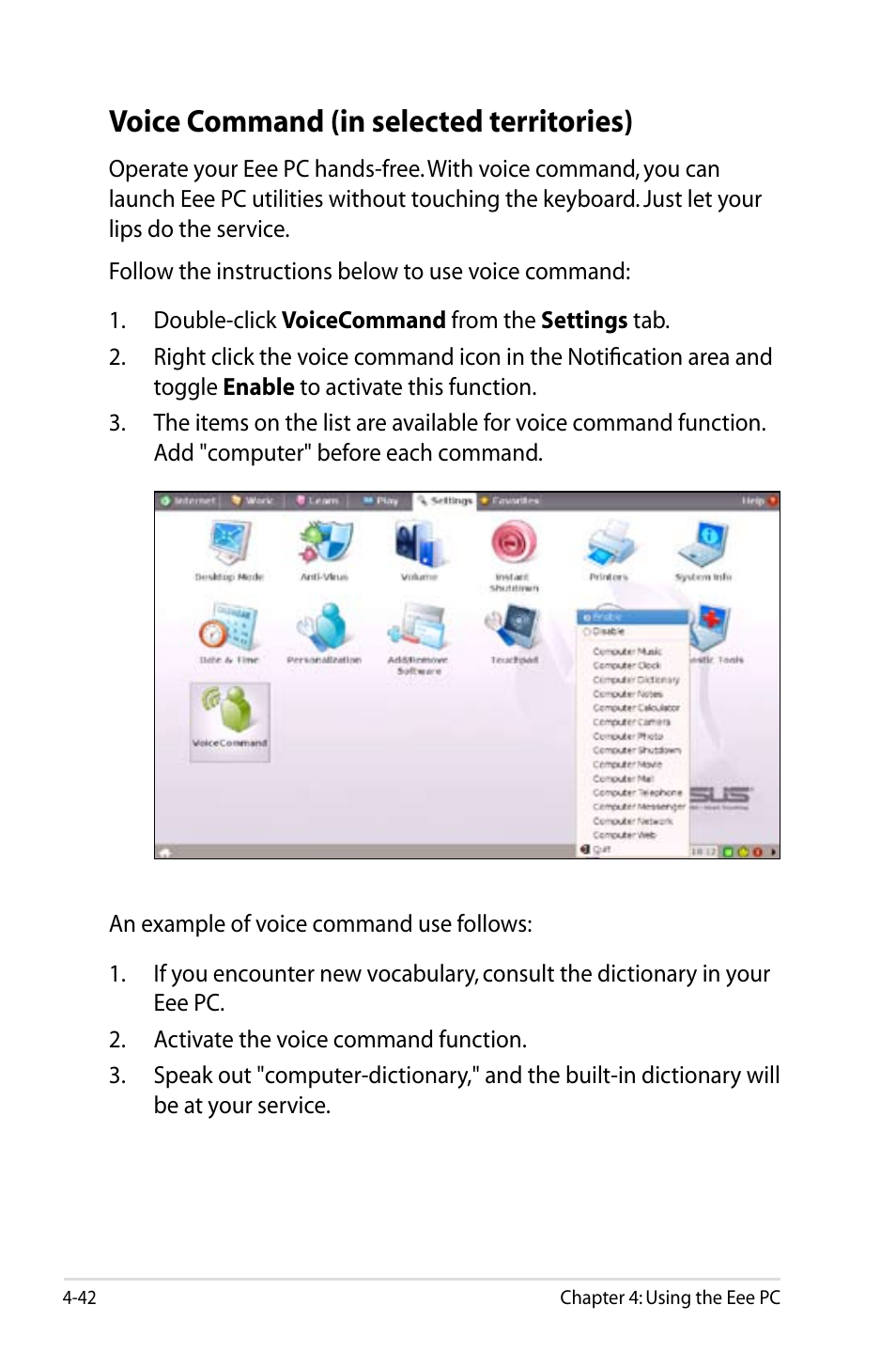 Voice command (in selected territories) | Asus Eee PC 900/Linux User Manual | Page 78 / 130