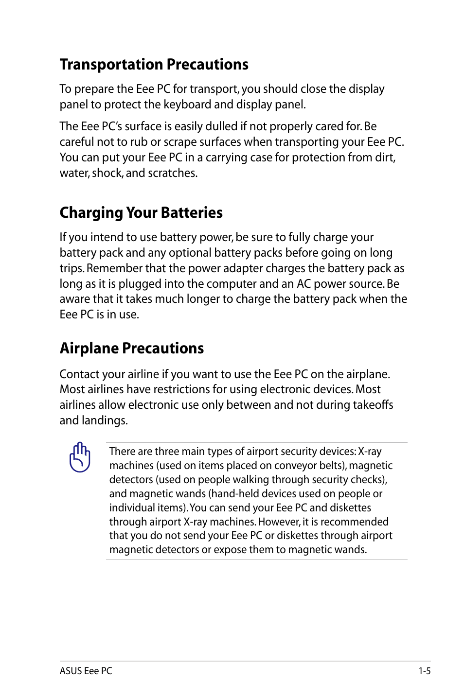 Transportation precautions, Charging your batteries, Airplane precautions | Asus Eee PC 900/Linux User Manual | Page 9 / 130