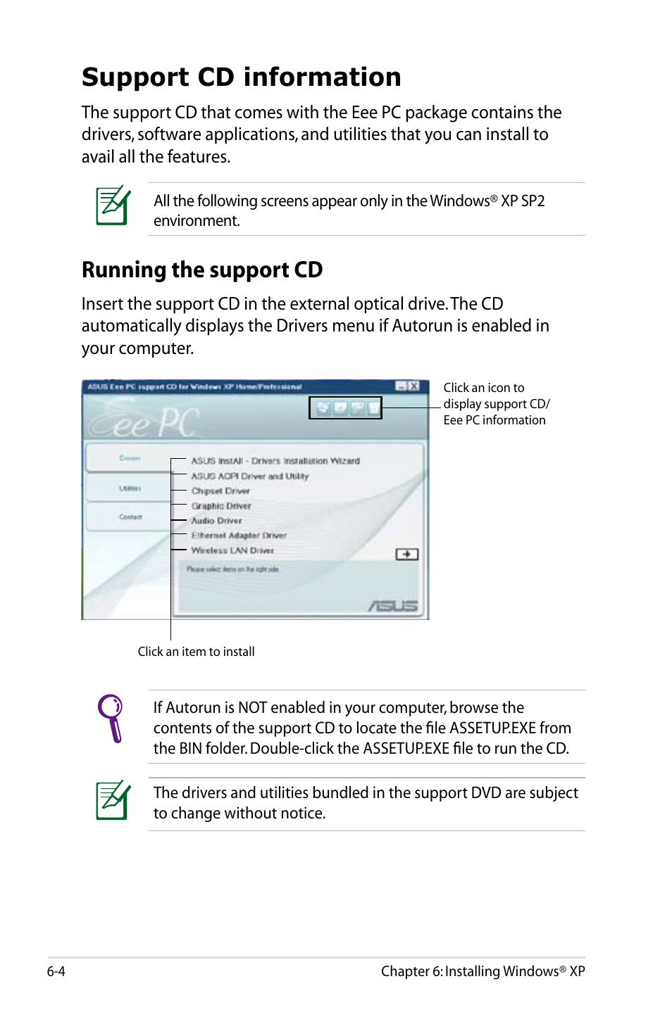 Support cd information, Running the support cd | Asus Eee PC 900/Linux User Manual | Page 92 / 130