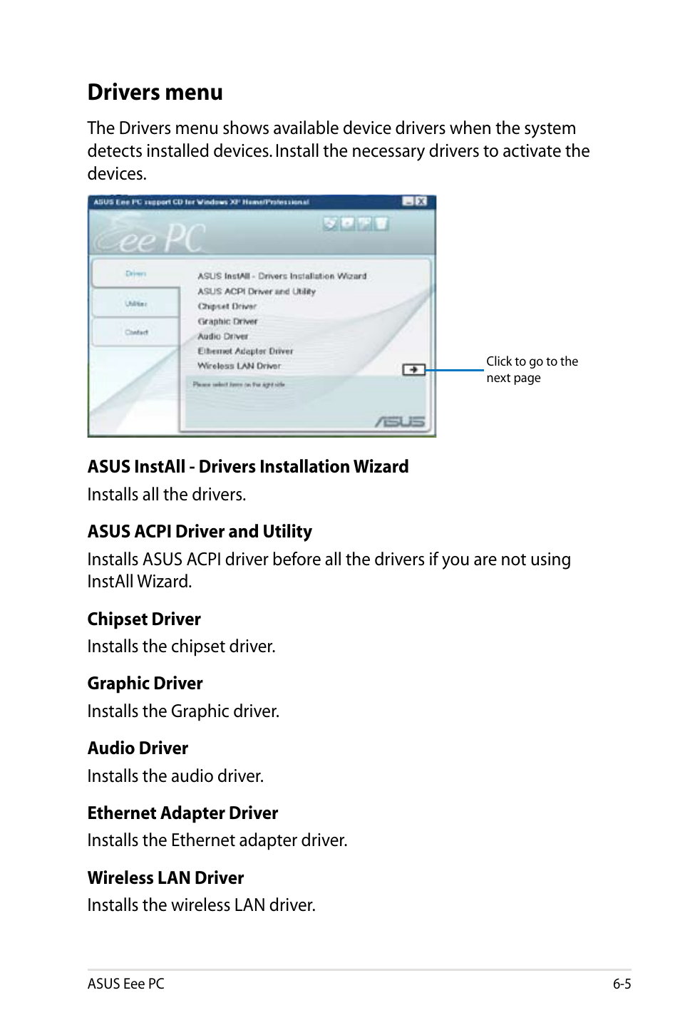 Drivers menu | Asus Eee PC 900/Linux User Manual | Page 93 / 130