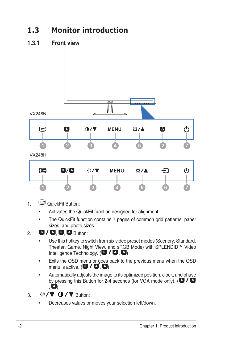 3 monitor introduction, 1 front view, Monitor.introduction -2 1.3.1 | Front view -2, Front.view | Asus VX248N User Manual | Page 10 / 29