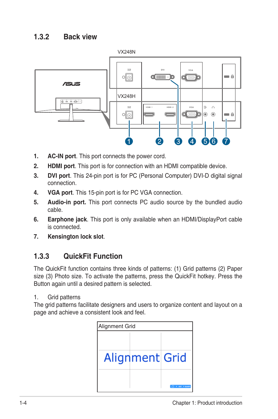 2 back view, 3 quickfit function, Back view -4 | Quickfit function -4, Back.view, Quickfit.function | Asus VX248N User Manual | Page 12 / 29