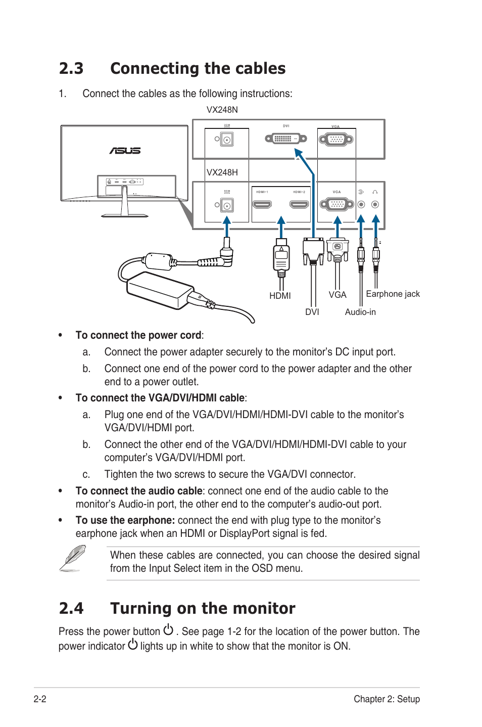 3 connecting the cables, 4 turning on the monitor, Connecting.the.cables -2 | Turning.on.the.monitor -2 | Asus VX248N User Manual | Page 18 / 29