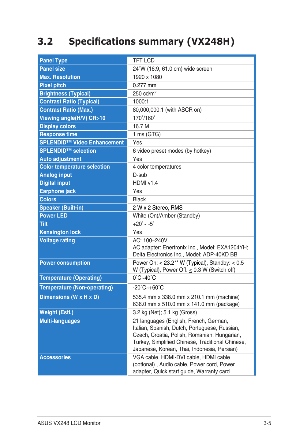 2 specifications summary (vx248h), Specifications.summary.(vx248h) -5 | Asus VX248N User Manual | Page 25 / 29