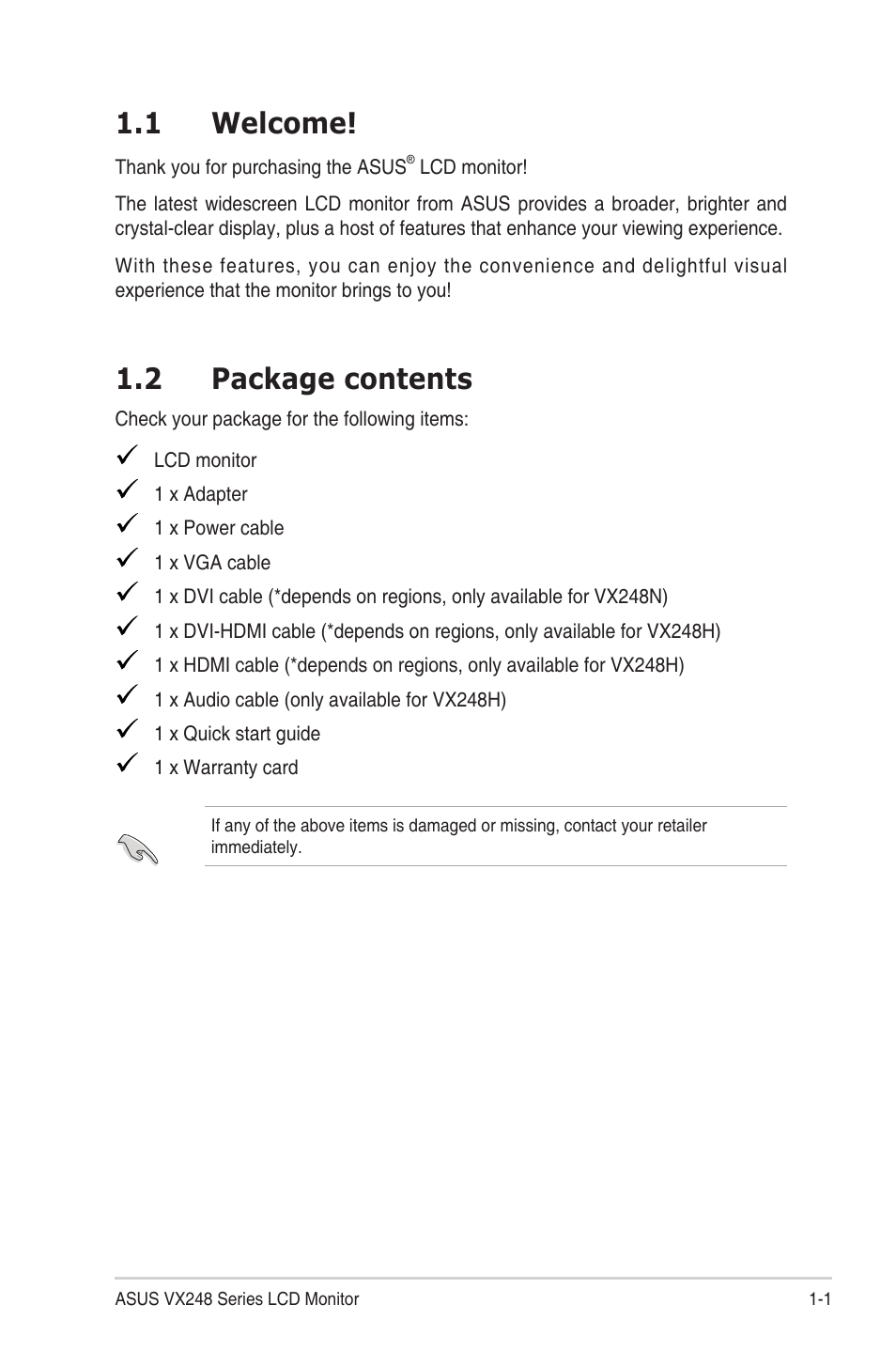 1 welcome, 2 package contents, Chapter.1:.....product.introduction | Welcome! -1, Package.contents -1 | Asus VX248N User Manual | Page 9 / 29