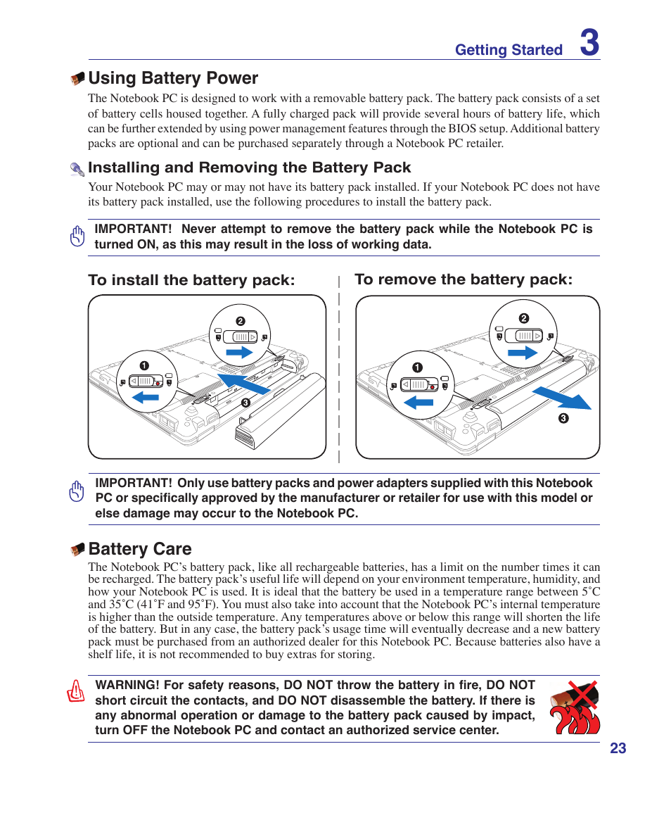 Using battery power, Battery care | Asus W6Fp User Manual | Page 23 / 85