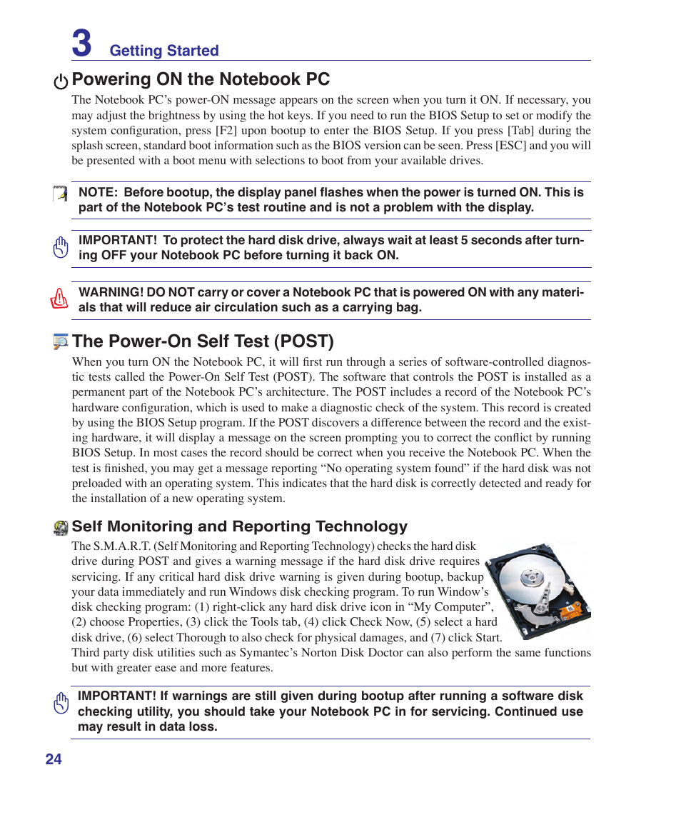Powering on the notebook pc, The power-on self test (post) | Asus W6Fp User Manual | Page 24 / 85