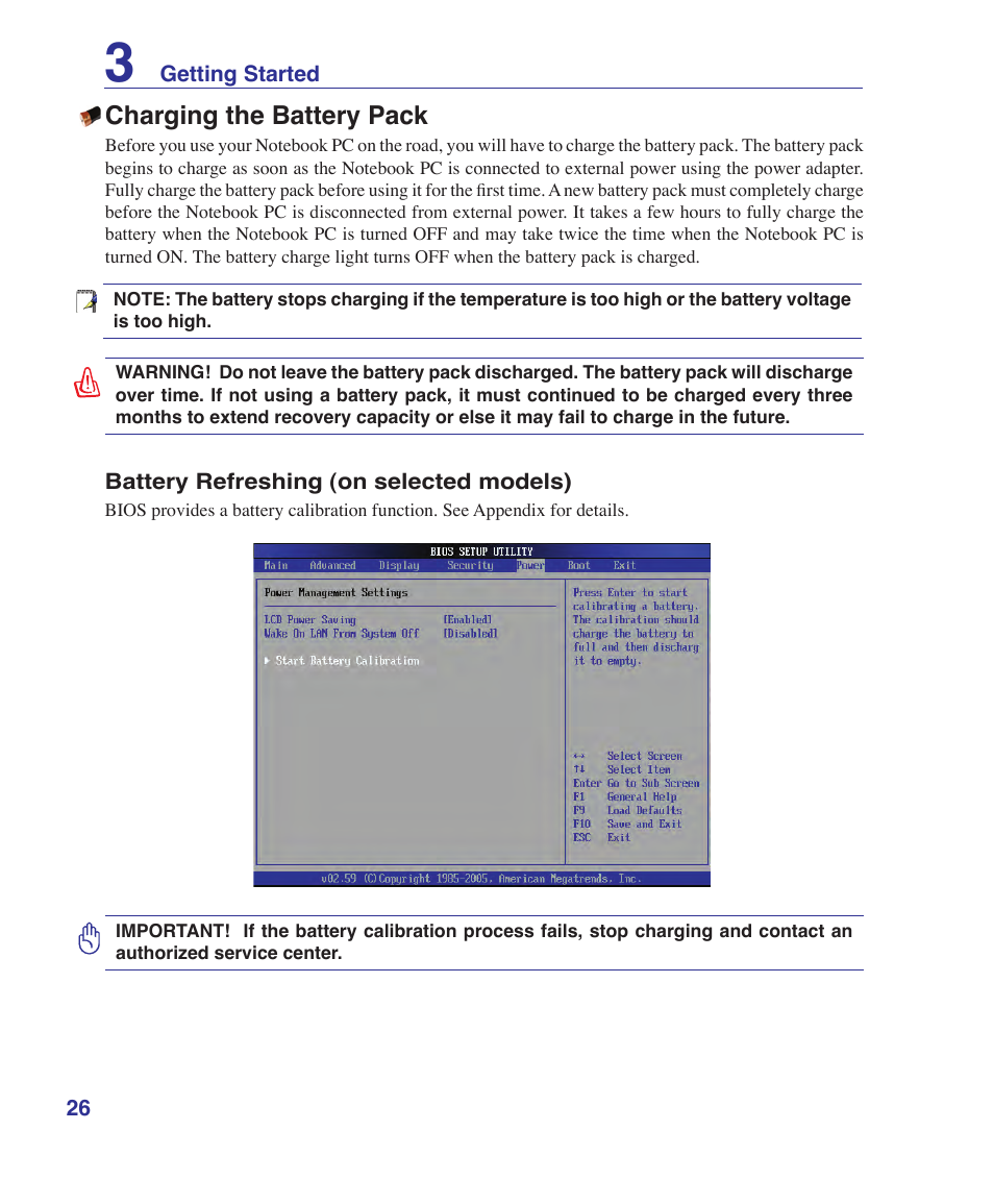 Charging the battery pack | Asus W6Fp User Manual | Page 26 / 85