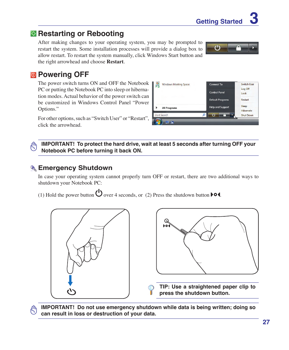 Restarting or rebooting, Powering off | Asus W6Fp User Manual | Page 27 / 85