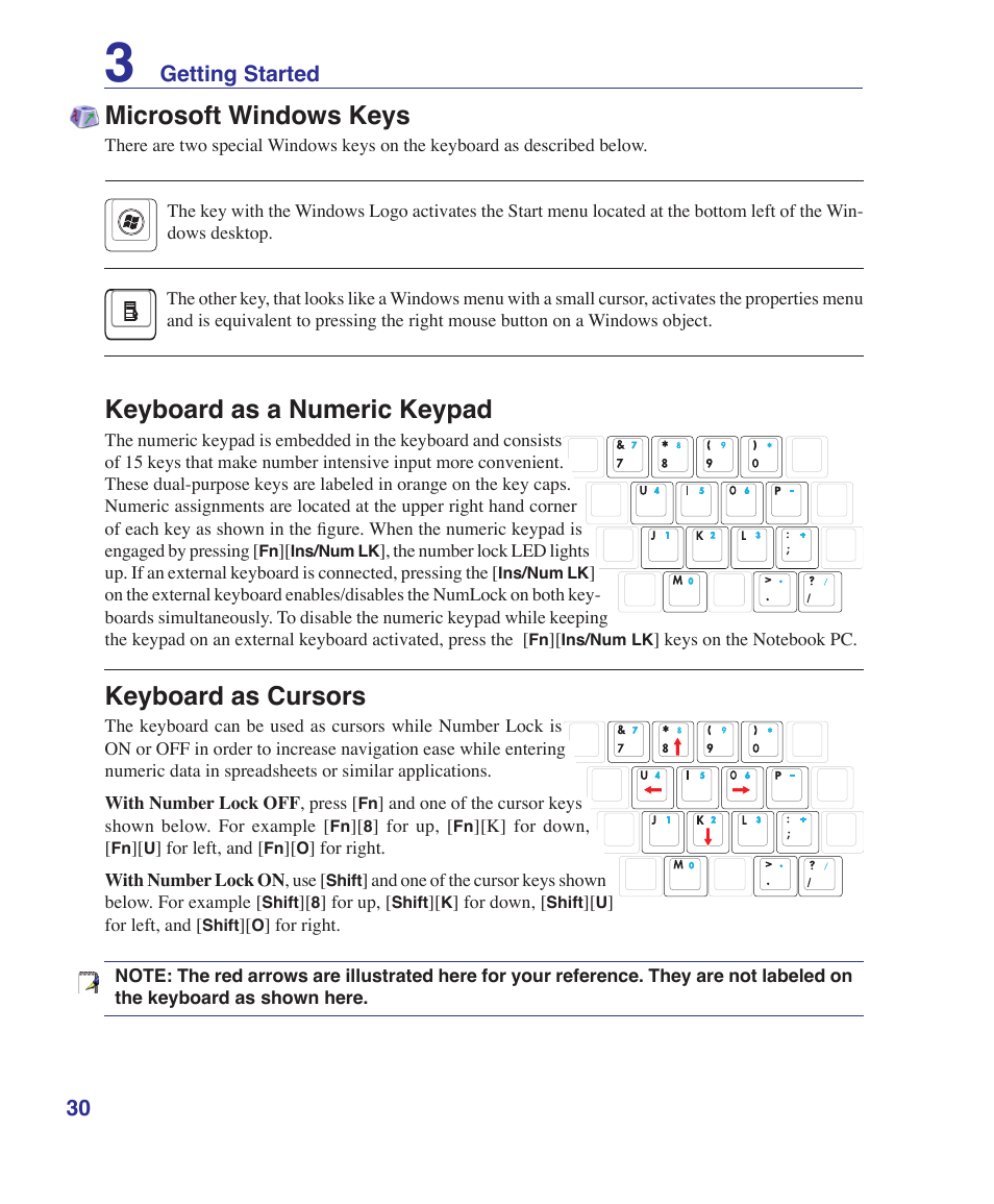 Microsoft windows keys, Keyboard as a numeric keypad, Keyboard as cursors | Getting started | Asus W6Fp User Manual | Page 30 / 85