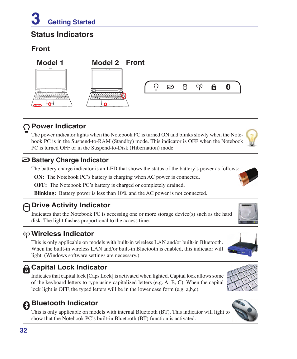 Status indicators | Asus W6Fp User Manual | Page 32 / 85