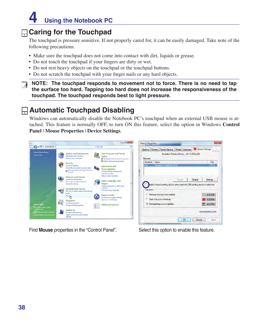 Caring for the touchpad, Automatic touchpad disabling | Asus W6Fp User Manual | Page 38 / 85