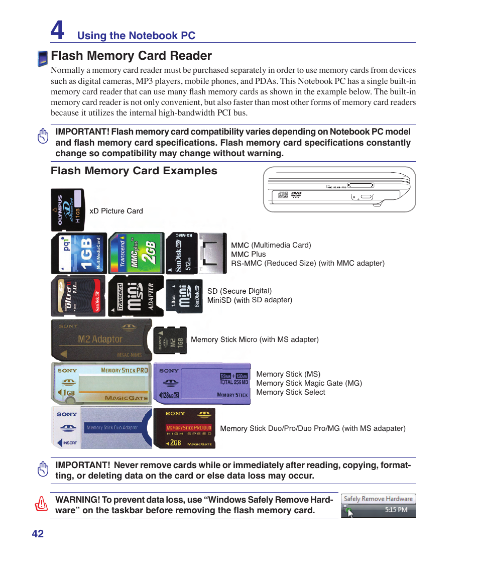 Flash memory card reader | Asus W6Fp User Manual | Page 42 / 85