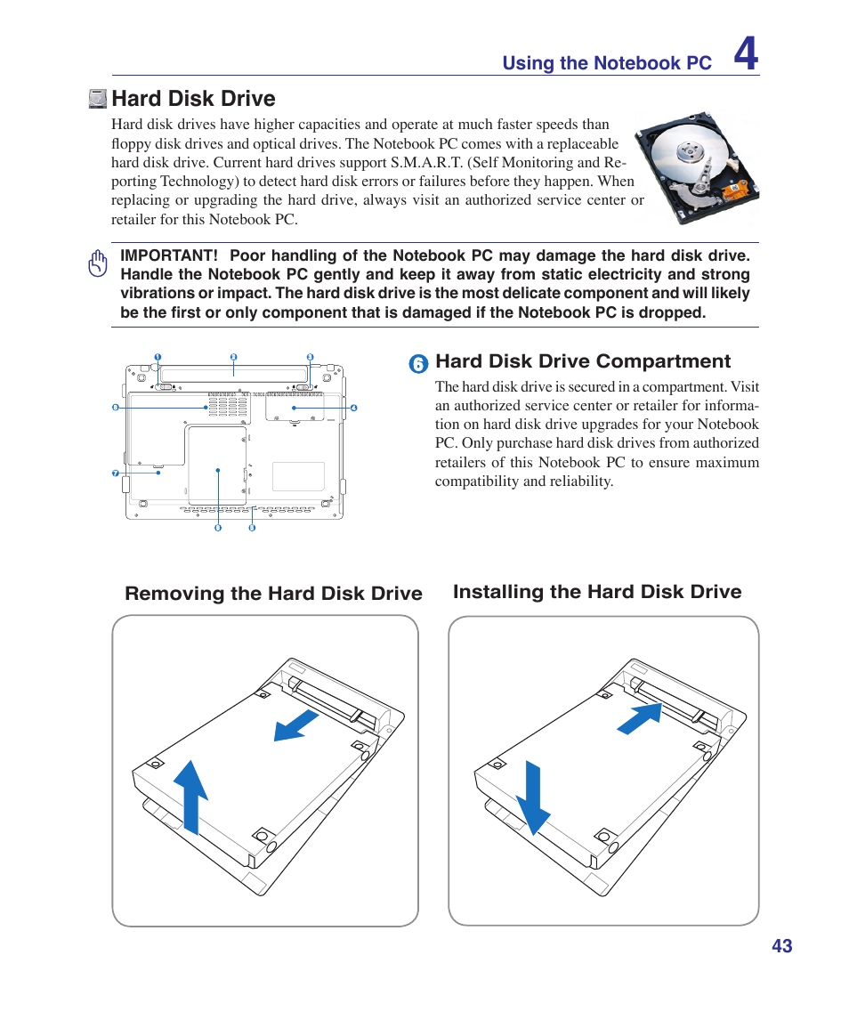 Hard disk drive, Hard disk drive compartment | Asus W6Fp User Manual | Page 43 / 85