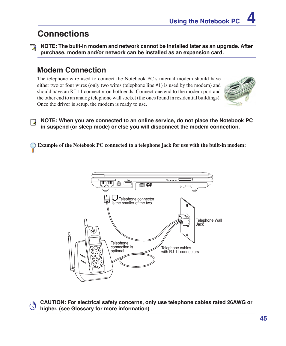 Connections, Modem connection | Asus W6Fp User Manual | Page 45 / 85