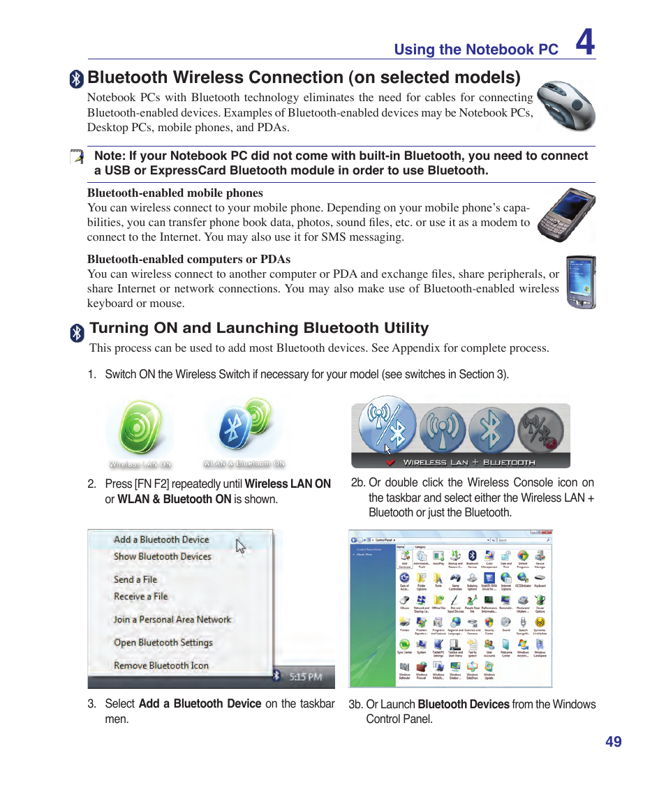 Bluetooth wireless connection (on selected models) | Asus W6Fp User Manual | Page 49 / 85