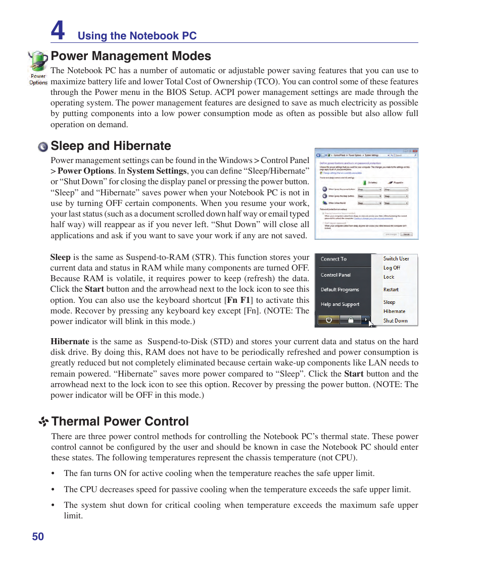 Power management modes, Sleep and hibernate, Thermal power control | Asus W6Fp User Manual | Page 50 / 85