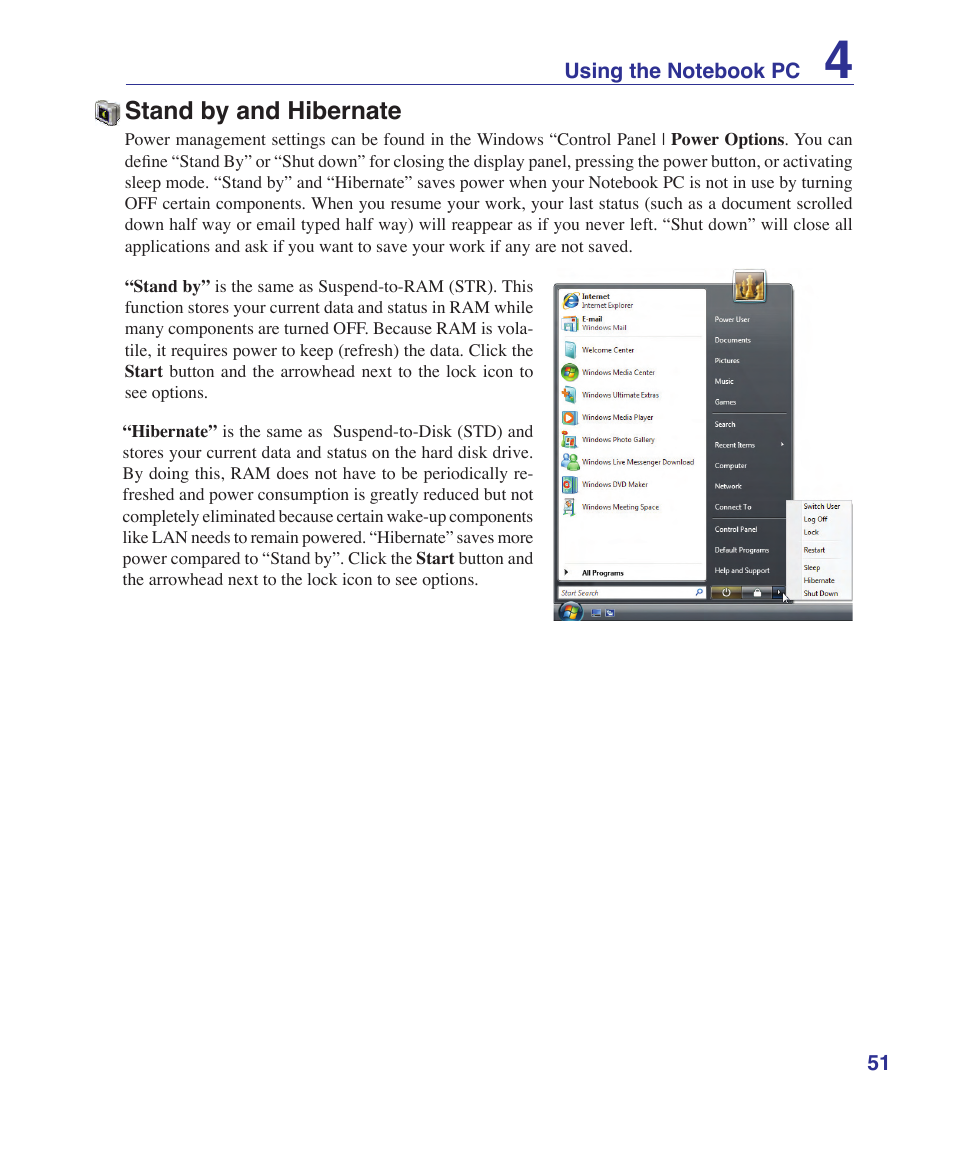 Stand by and hibernate | Asus W6Fp User Manual | Page 51 / 85